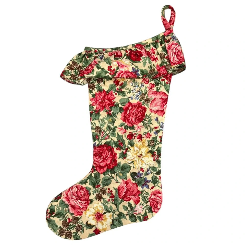 VTG Floral Christmas Stocking Ruffled Cuff Rose Holiday‎ Decor Cottage Coquette